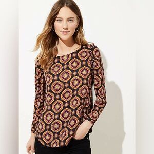Loft Medallion Print Longsleeve Ruffle Shoulder Top Navy Orange Size 22
